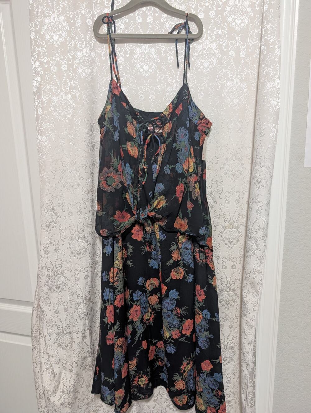 Vintage 70s Mindy Malone Black Floral Layered Tie-Front Midi Dress Junior Sz7